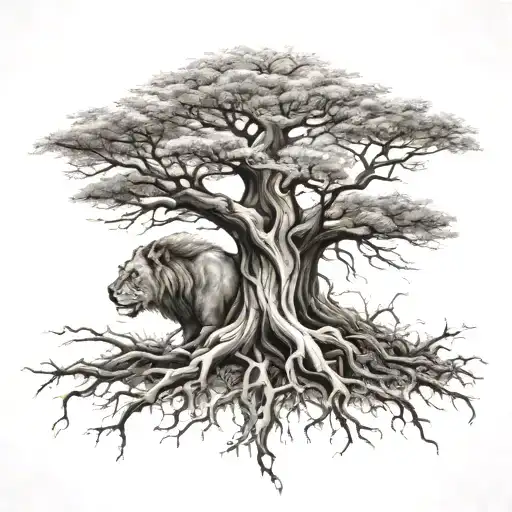 big normal tree with roots in underground, and a lion head in the treecrown look to the right side tattoo design idea