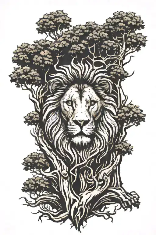 big tree with trunk and inside lion face look to the right side profile, the lion in big tree leaves  tattoo design idea
