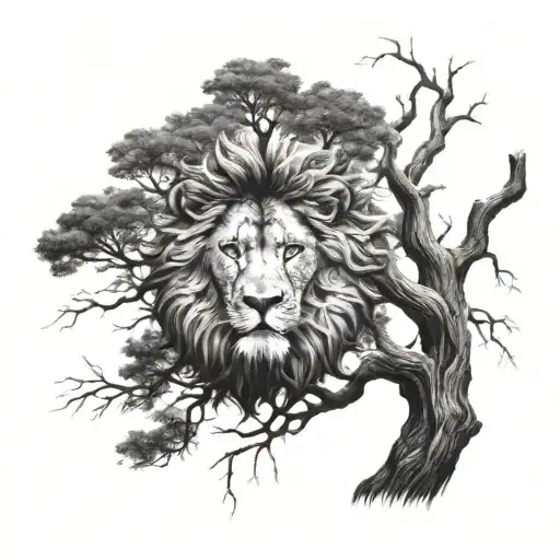 big tree and the tree crown is a face of a lion head tattoo design idea