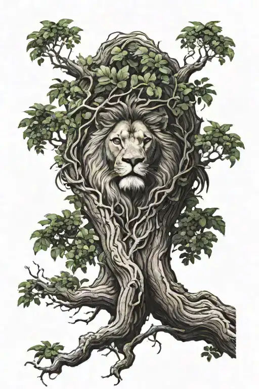 big tree with trunk and inside lion face look to the right side profile, the lion in big tree leaves  tattoo design idea