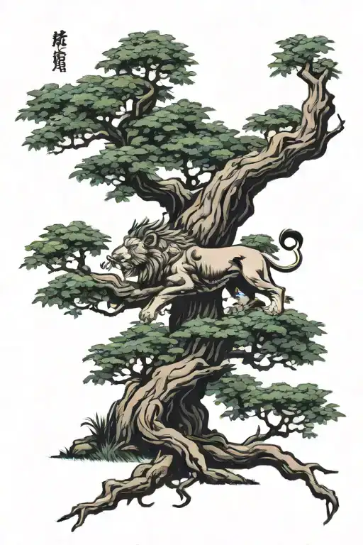 big tree with trunk and inside lion face look to the right side profile, the lion in big tree leaves  tattoo design idea