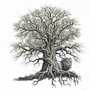 big normal tree with roots in underground, and a lion head in the treecrown look to the right side tattoo design idea