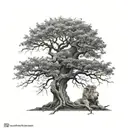 big normal tree with roots in underground, and a lion head in the treecrown look to the right side tattoo design idea