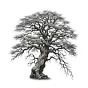 big normal tree with roots in underground, and a lion head in the treecrown look to the right side tattoo design idea