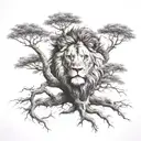 big normal tree with lion face look right in tree crown tattoo design idea