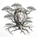 big normal tree with lion face look right in tree crown tattoo design idea