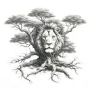 big normal tree with lion face look right in tree crown tattoo design idea