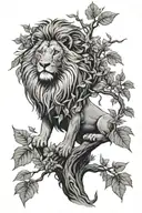 big tree with trunk and inside lion face look to the right side profile, the lion in big tree leaves  tattoo design idea