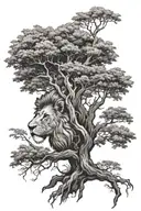 big tree with trunk and inside lion face look to the right side profile, the lion in big tree leaves  tattoo design idea