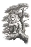 little human boy sitting on tree and in the tree crown is a little lion face look at right side in optical illusion tattoo design idea