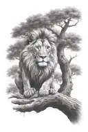 little human boy sitting on tree and in the tree crown is a little lion face look at right side in optical illusion tattoo design idea
