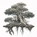 big normal tree with roots in underground, and a lion's face look at the right side in tree crown tattoo design idea