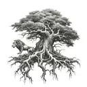 big normal tree with roots in underground, and a lion's face look at the right side in tree crown tattoo design idea