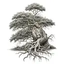 big normal tree with roots in underground, and a lion head in the tree look to the right side tattoo design idea