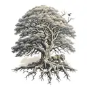 big normal tree with roots in underground, and a lion head in the tree look to the right side tattoo design idea