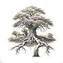 big normal tree with roots in underground, and a lion head in the tree look to the right side tattoo design idea