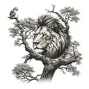 A lion into a big tree with treecrown with a music note incorporated into the design tattoo design idea