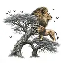 A lion into a big tree with treecrown with a music note incorporated into the design tattoo design idea