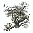 A lion into a big tree with treecrown with a music note incorporated into the design tattoo design idea