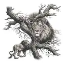 A lion into a big tree with treecrown with a music note incorporated into the design tattoo design idea