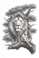 little human boy sitting on tree and in the tree crown is a lion face in optical illusion tattoo design idea