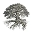 big normal tree with roots in underground, and a lion head in the tree look at the right side tattoo design idea
