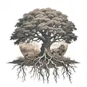 big normal tree with roots in underground, and a lion head in the tree look at the right side tattoo design idea