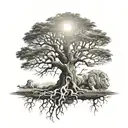 big normal tree with roots in underground, and a lion head in the tree look at the right side tattoo design idea
