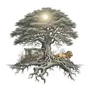 big normal tree with roots in underground, and a lion head in the tree look at the right side tattoo design idea