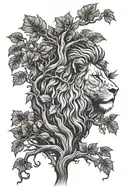 big tree with trunk and inside lion face look to the right side profile, the lion in big tree leaves  tattoo design idea
