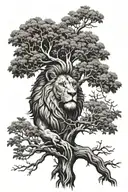 big tree with trunk and inside lion face look to the right side profile, the lion in big tree leaves  tattoo design idea