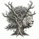 big normal tree with lion face look to the right in tree crown, root of the tree in underground tattoo design idea