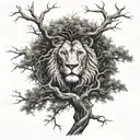 big normal tree with lion face look to the right in tree crown, root of the tree in underground tattoo design idea