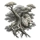 big normal tree with lion face look to the right in tree crown, root of the tree in underground tattoo design idea