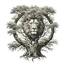 big normal tree with lion face look to the right in tree crown, root of the tree in underground tattoo design idea