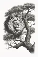 baby lion sitting on a big tree with big treecrown in optical illusion tattoo design idea