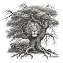 big normal tree with roots in underground, and a lion's face look at the right side in treecrown tattoo design idea