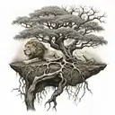 big normal tree with roots in underground, and a lion's face look at the right side in treecrown tattoo design idea