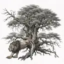 big normal tree with roots in underground, and a lion's face look at the right side in treecrown tattoo design idea