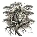 big normal tree with roots in underground, and a lion's face look at the right side in treecrown tattoo design idea