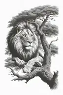 little lion sitting on a big tree with big treecrown in optical illusion tattoo design idea