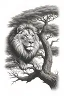 little lion sitting on a big tree with big treecrown in optical illusion tattoo design idea