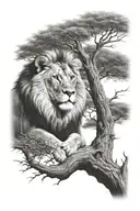 a baby lion sitting on a big tree with big treecrown in optical illusion tattoo design idea