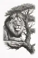 a baby lion sitting on a big tree with big treecrown in optical illusion tattoo design idea