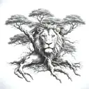 big normal tree with lion face with roots growing and little boy sitting on branch tattoo design idea
