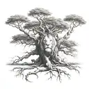 big normal tree with lion face with roots growing and little boy sitting on branch tattoo design idea