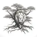 big normal tree with lion face with roots growing and little boy sitting on branch tattoo design idea