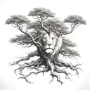 big normal tree with lion face with roots growing and little boy sitting on branch tattoo design idea