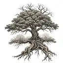 big normal tree with roots in underground, lion face in tree crown look at the right side tattoo design idea