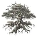 big normal tree with roots in underground, lion face in tree crown look at the right side tattoo design idea